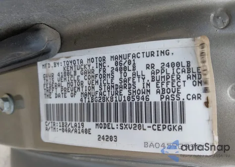 2001 Toyota Camry Xle из США, поврежденный, VIN 4T1BG28K81U105946